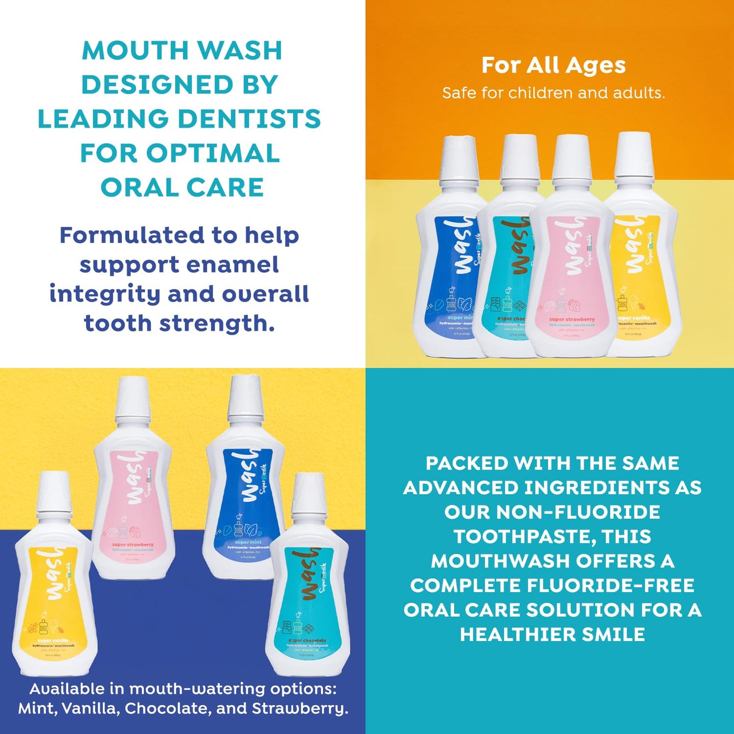 SuperMouth® Fluoride-Free Mouthwash – Nano-Hydroxyapatite, D3 & K2, Prebiotics, Alkaline pH 8.5, Alcohol-Free, 4 Flavors