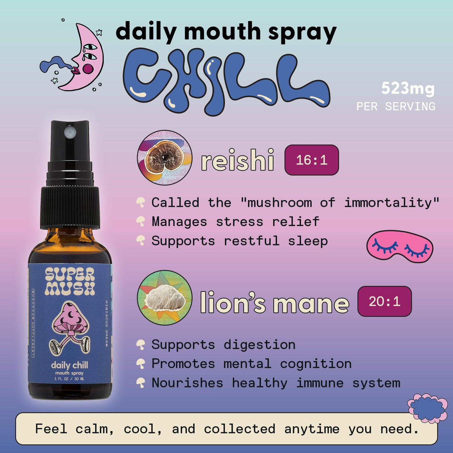 SuperMush Daily Chill Mouth Spray – Reishi, Lion's Mane, Hibiscus & Ashwagandha | 30ml Organic