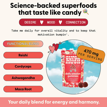 SuperMush Horny Goat Weed Gummies - Horny Goatweed for Men & Women with Cordyceps, Reishi & Maca Root - Maximize Blood Flow, Ignite Feel-Good Vibes & Lasting Energy