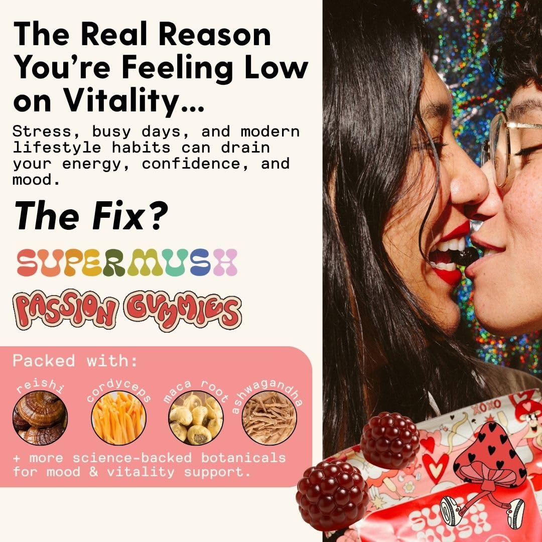 SuperMush Horny Goat Weed Gummies - Horny Goatweed for Men & Women with Cordyceps, Reishi & Maca Root - Maximize Blood Flow, Ignite Feel-Good Vibes & Lasting Energy