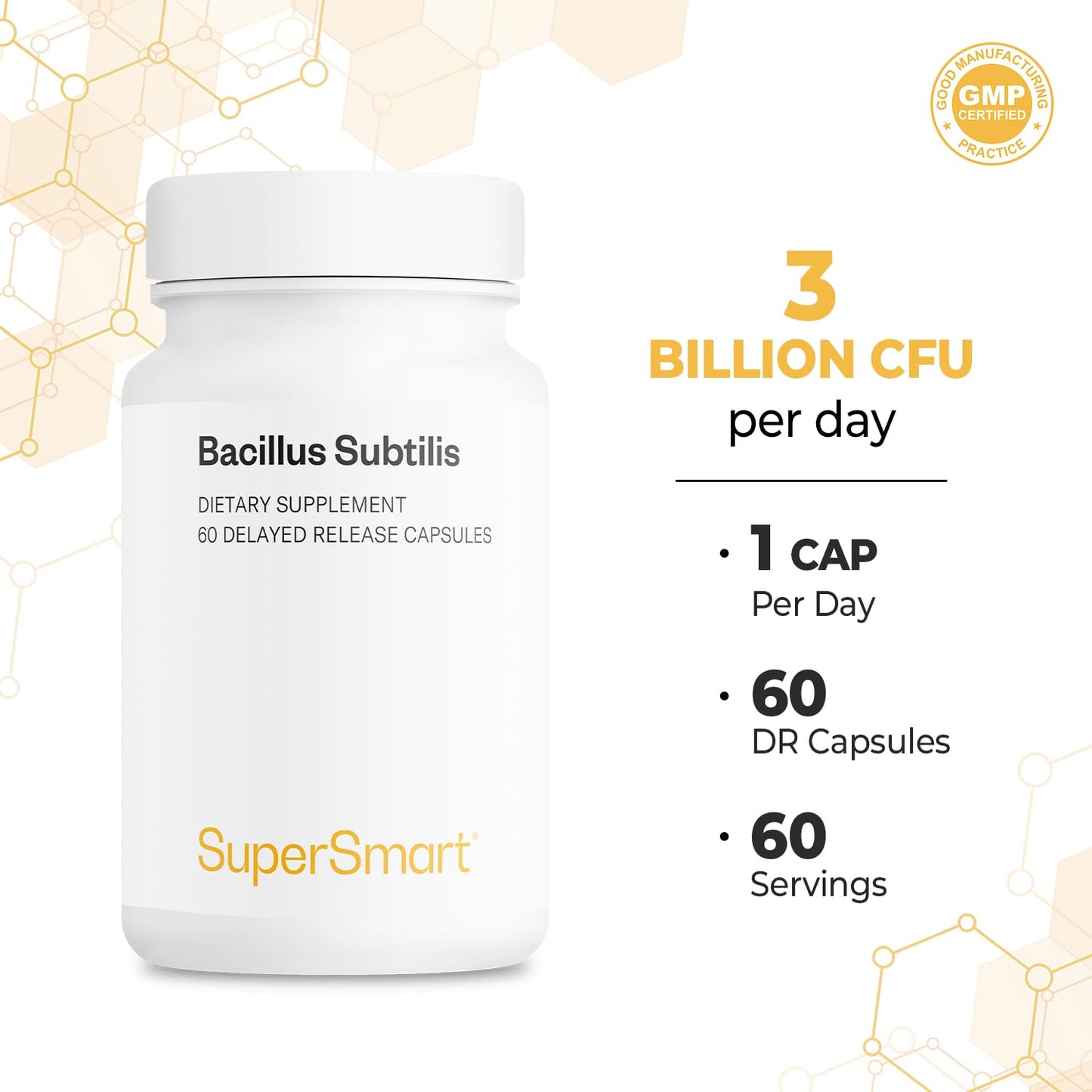 Supersmart Bacillus Subtilis Probiotic 3B CFU/Day – Non-GMO & Gluten Free | 60 Veg Capsules