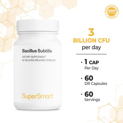 Supersmart Bacillus Subtilis Probiotic 3B CFU/Day – Non-GMO & Gluten Free | 60 Veg Capsules