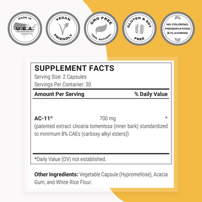Supersmart AC-11 Supplement 700mg per Day (Cat's Claw Extract) - Uncaria Tomentosa Bark | Non-GMO & Gluten Free - 60 Vegetarian Capsules