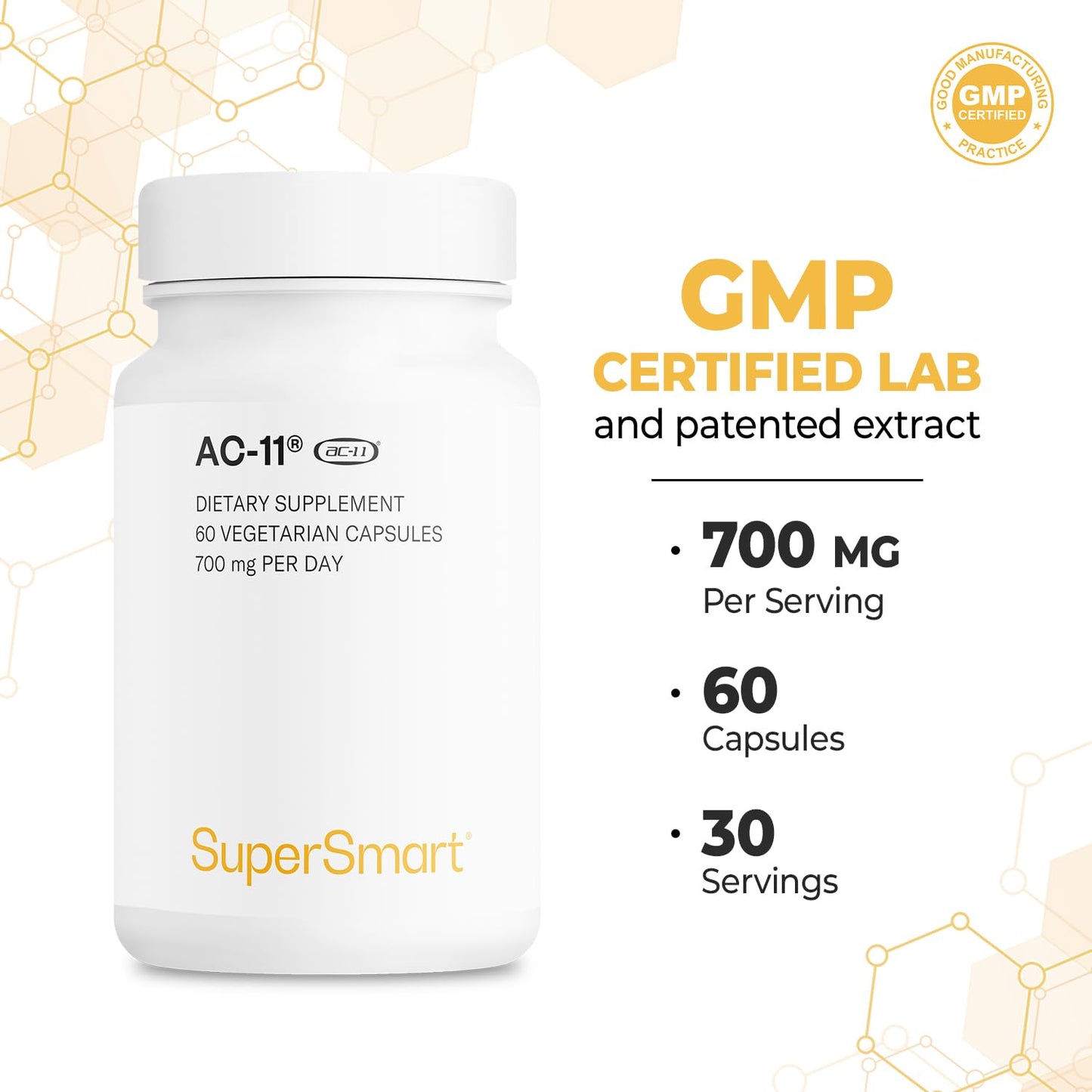 Supersmart AC-11 Supplement 700mg per Day (Cat's Claw Extract) - Uncaria Tomentosa Bark | Non-GMO & Gluten Free - 60 Vegetarian Capsules