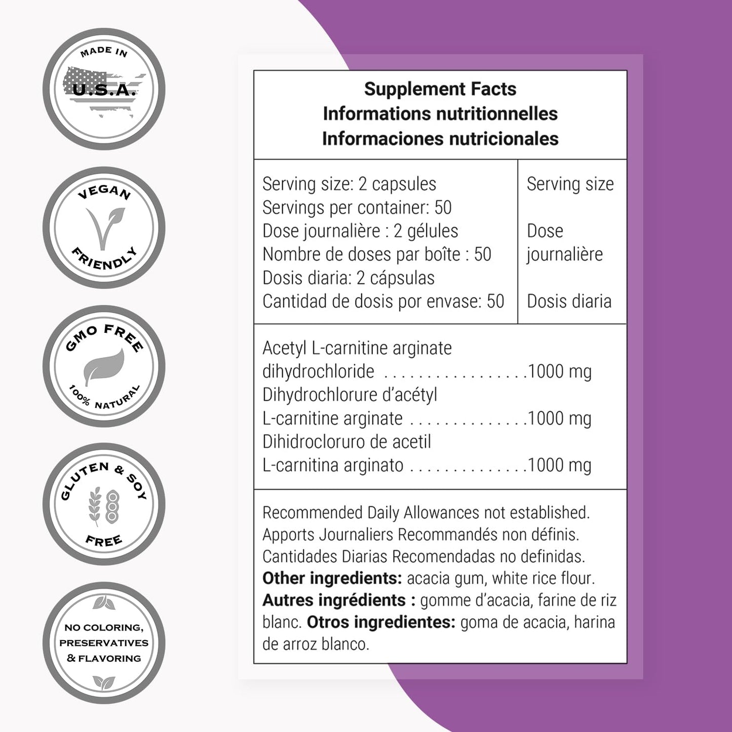 Supersmart Acetyl L-Carnitine Arginate 1000 mg - Brain Health Supplement | Non-GMO & Gluten Free | 120 Veg Capsules