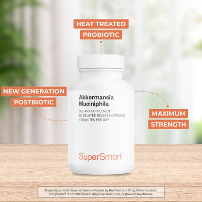 Supersmart Akkermansia Muciniphila 1B TFU per Day - Postbiotic Pasteurized Probiotic, 60 Capsules