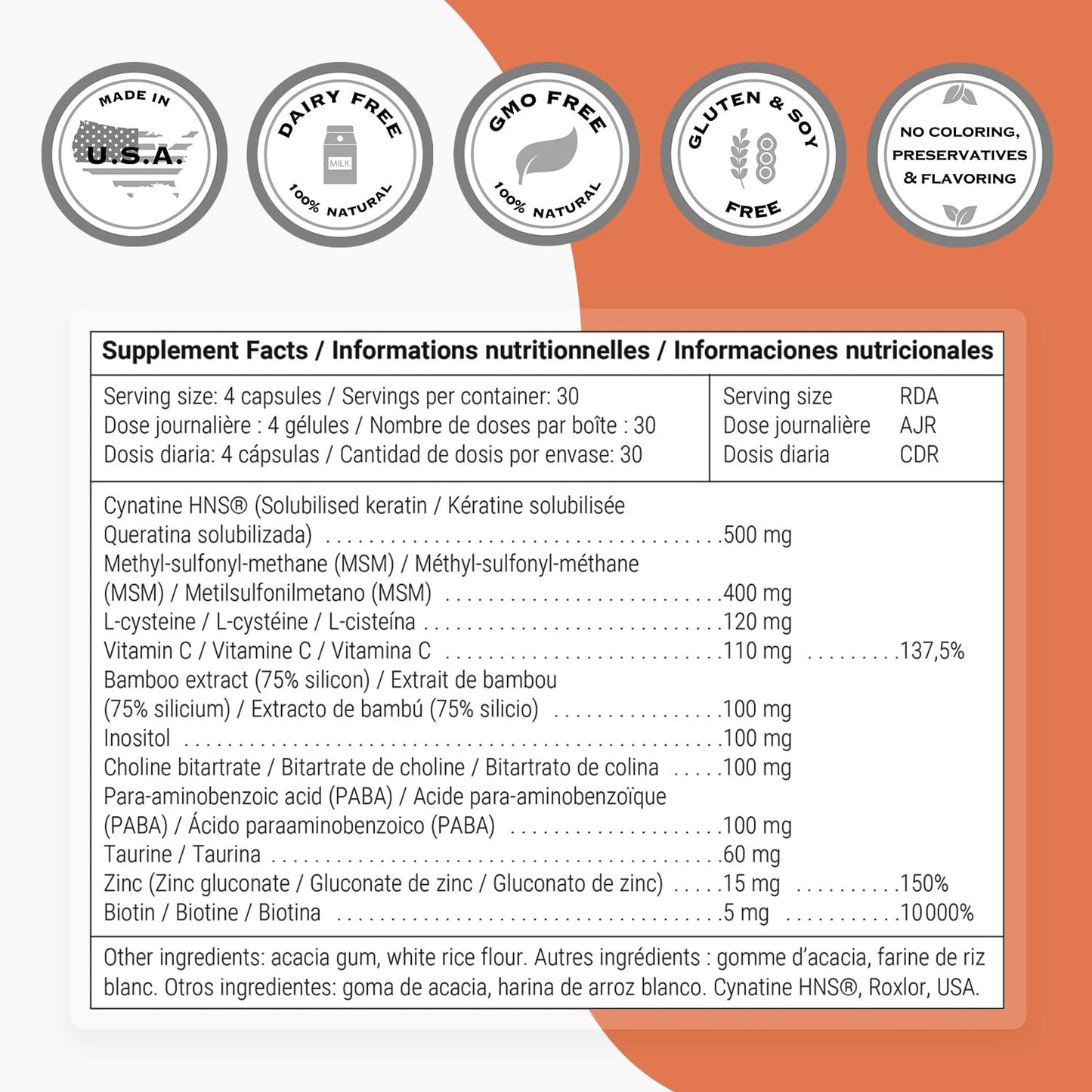 SuperSmart Hair & Nails Formula – Patented Solubilized Keratin (Cynatine HNS) with Biotin, Bamboo & MSM | Non-GMO & Gluten Free – 120 Vegetarian Capsules