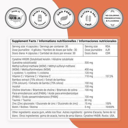 SuperSmart Hair & Nails Formula – Patented Solubilized Keratin (Cynatine HNS) with Biotin, Bamboo & MSM | Non-GMO & Gluten Free – 120 Vegetarian Capsules