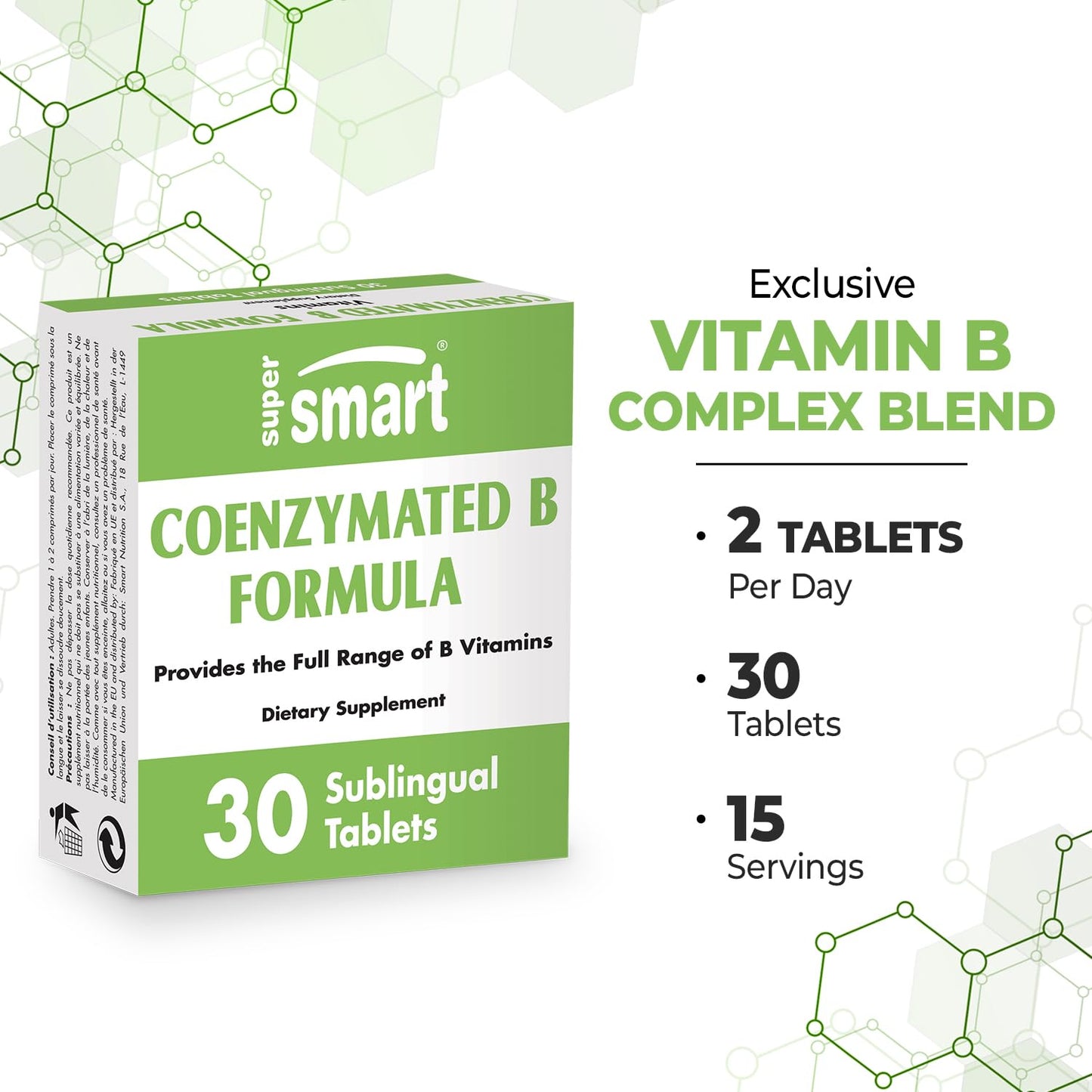 Supersmart - Coenzymated B Formula - Contains All The B Group Vitamins - Five Times More Active | Non-GMO & Gluten Free - 30 Tablets