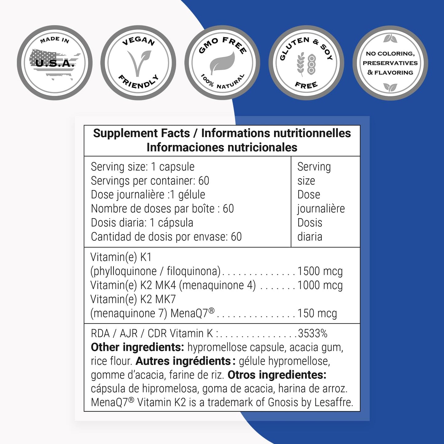 Supersmart Complete K – Vitamin K1 MK4 MK7 Full Spectrum – Non-GMO, Gluten Free | 60 Veg Capsules