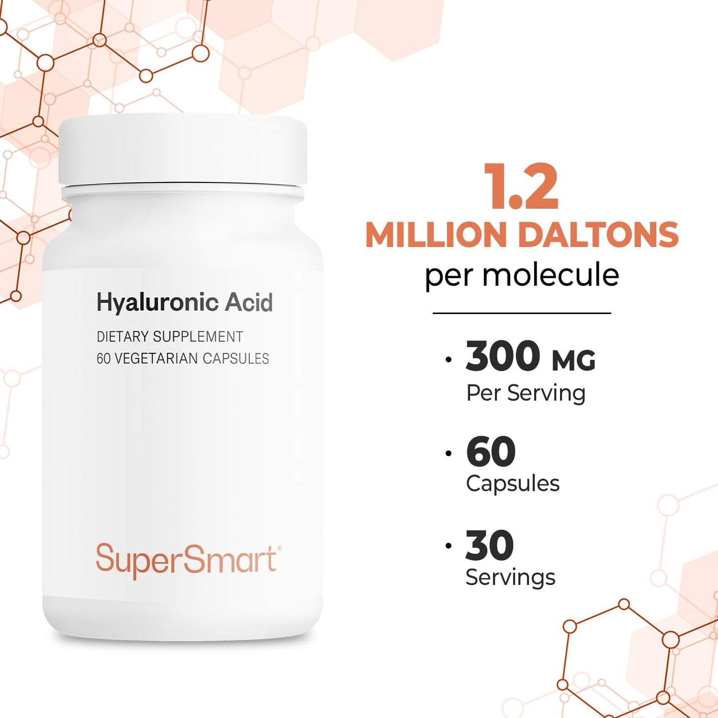 Supersmart Hyaluronic Acid 300mg/day | High MW 1.2M Da | Non-GMO & Gluten Free | 60 Vegetarian Capsules