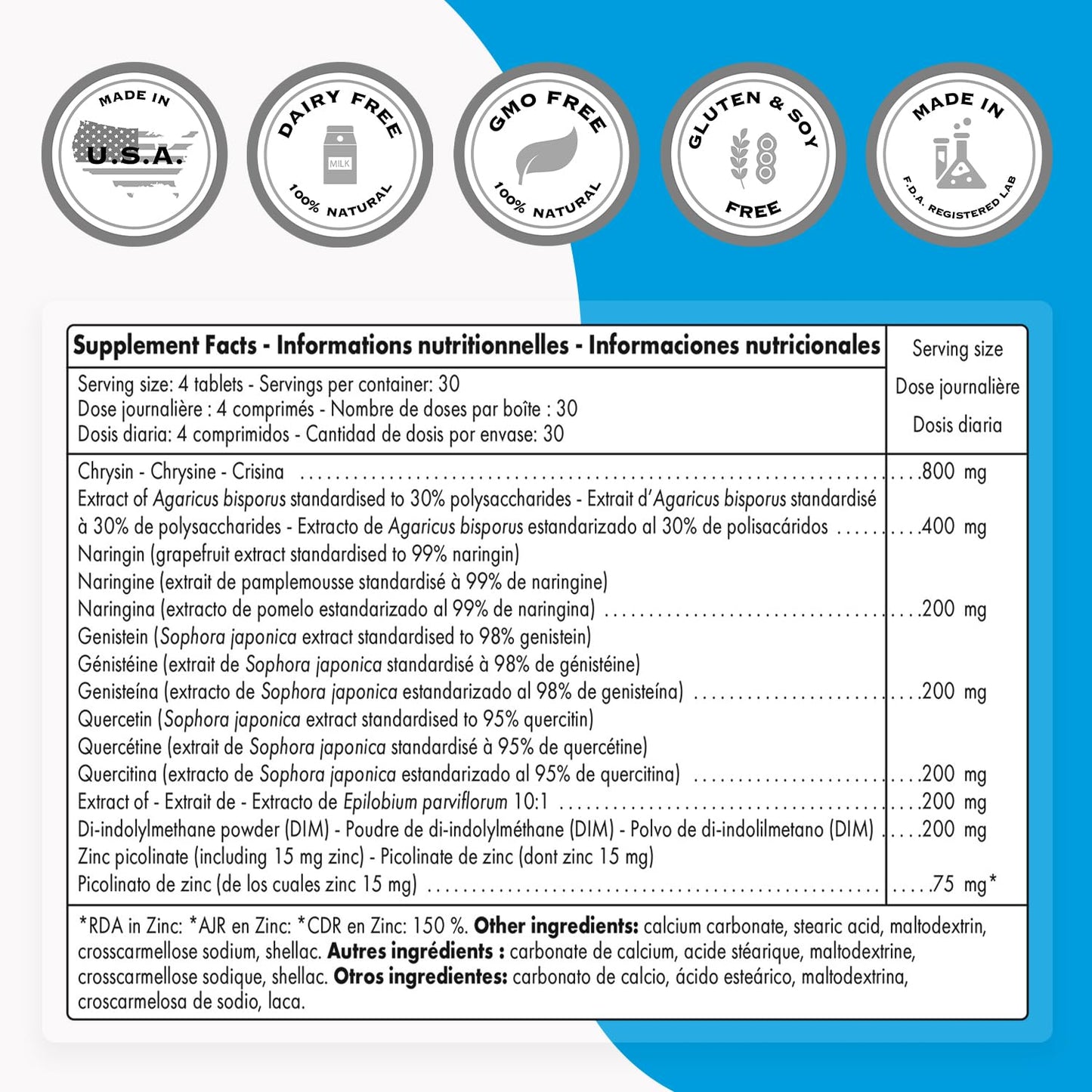 Supersmart Natural Anti Aromatase Support (Advanced Formula) - DIM, Genistein, Chrysin - Non-GMO & Gluten Free - 120 Tablets