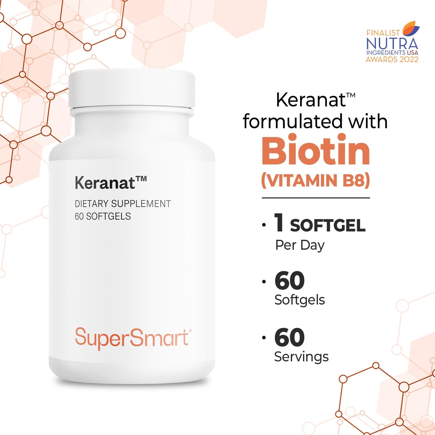 Supersmart Keranat — Advanced Biotin Hair Supplement for Growth & Volume | Non-GMO, Gluten Free | 60 Softgels