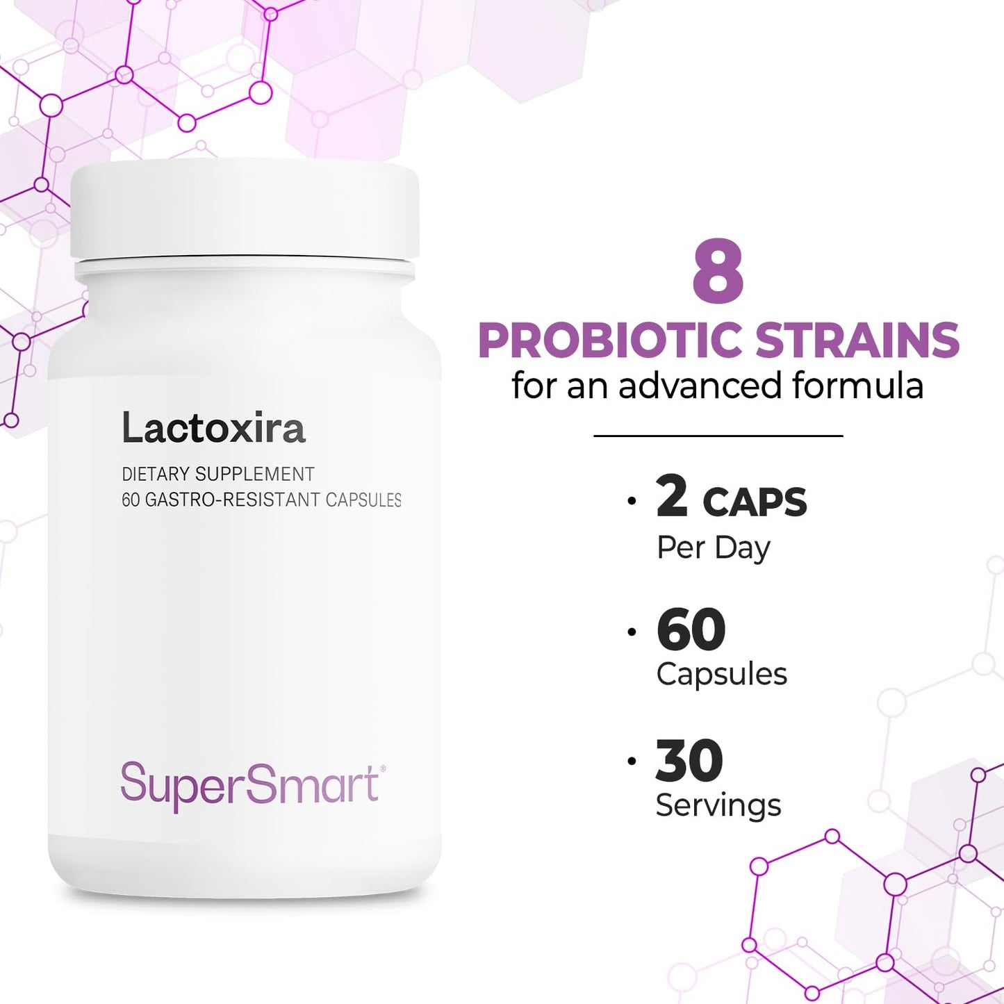Supersmart - Lactoxira (High Potency) - 8-in-1 Probiotic Complex Supplement - Advanced Formula for Women & Men - with Lactobacillus Casei, Brevis | Non-GMO & Gluten Free - 60 DR Capsules