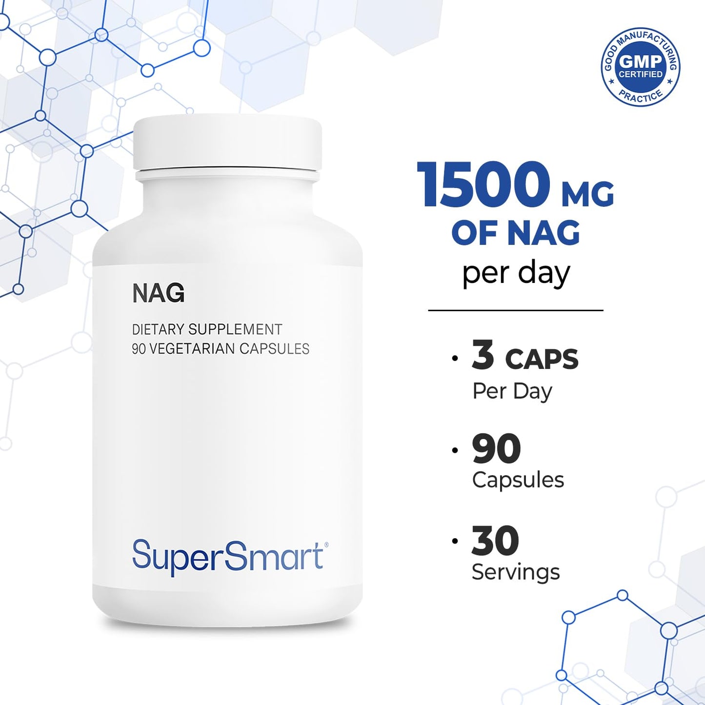 Supersmart NAG 1500mg – N-Acetyl Glucosamine, High Absorption | Non-GMO, Gluten Free, 90 Vegetarian Capsules