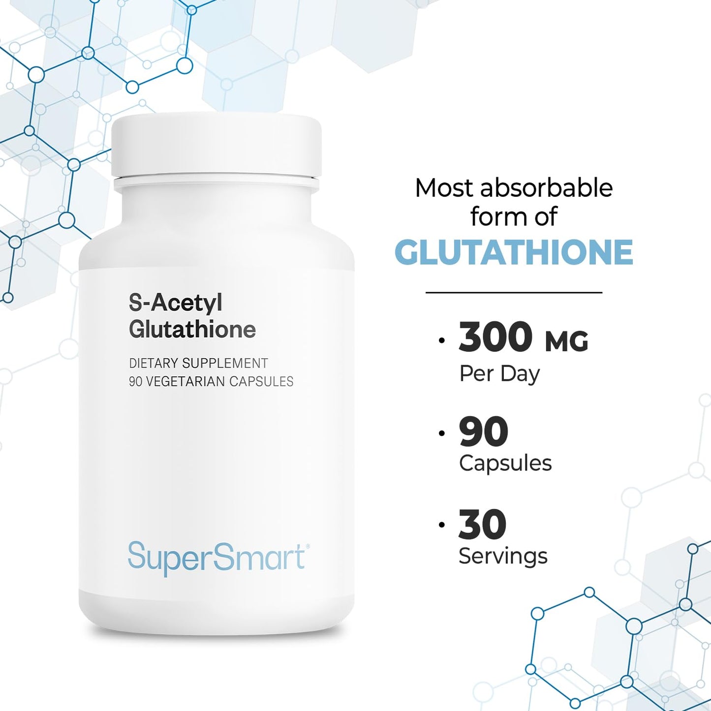 Supersmart S-Acetyl Glutathione 300mg per Day (High Absorption) - Stable Form of L-Glutathione Tripeptide - GSH Supplement | Non-GMO & Gluten Free - 90 Vegetarian Capsules
