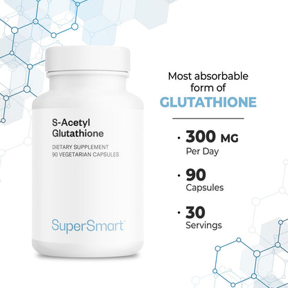 Supersmart S-Acetyl Glutathione 300mg per Day (High Absorption) - Stable Form of L-Glutathione Tripeptide - GSH Supplement | Non-GMO & Gluten Free - 90 Vegetarian Capsules