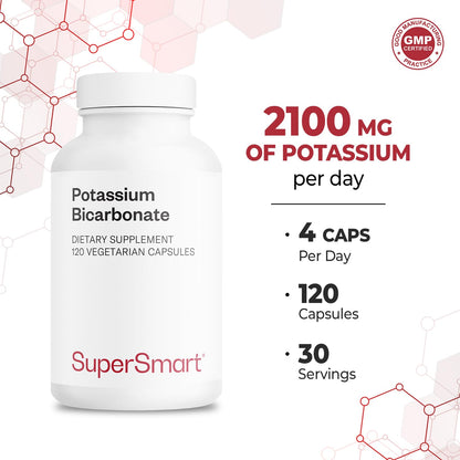 Supersmart - Potassium Bicarbonate 5400mg per Day (High Dose) - Electrolyte Mineral - Acid-Base Balance pH - Heart, Muscle & Nerve Health | Non-GMO & Gluten Free - 120 Vegetarian Capsules