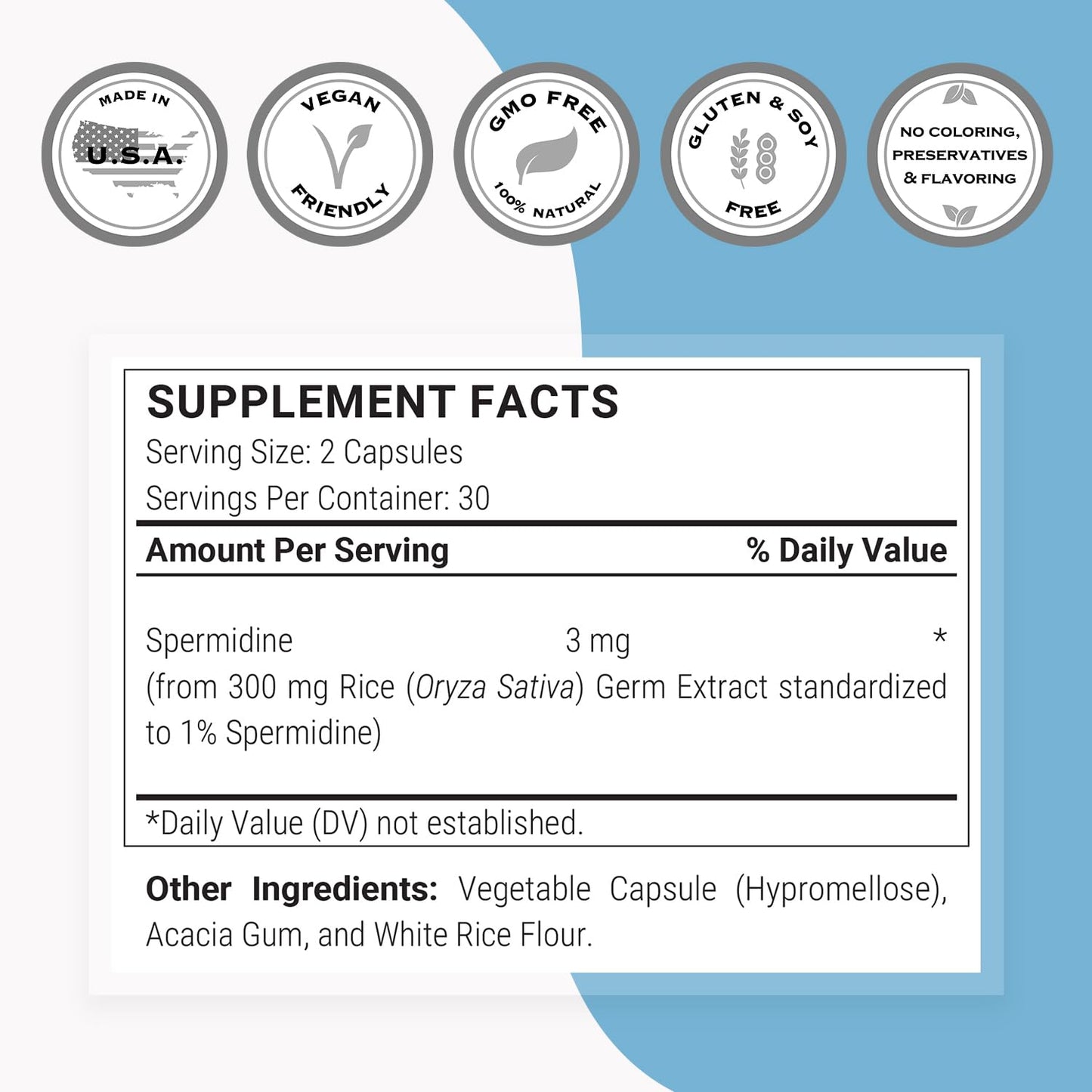 Supersmart Spermidine 3mg Daily - Rice Starch Extract, Non-GMO, Gluten Free, 60 Veg Capsules