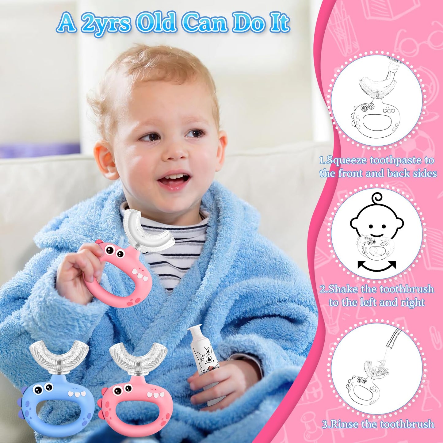 SUPERZZKKE U-Shaped Toddler Toothbrush – 360° Cleaning for Ages 1-4 (2-Pack) | Food-Grade Silicone