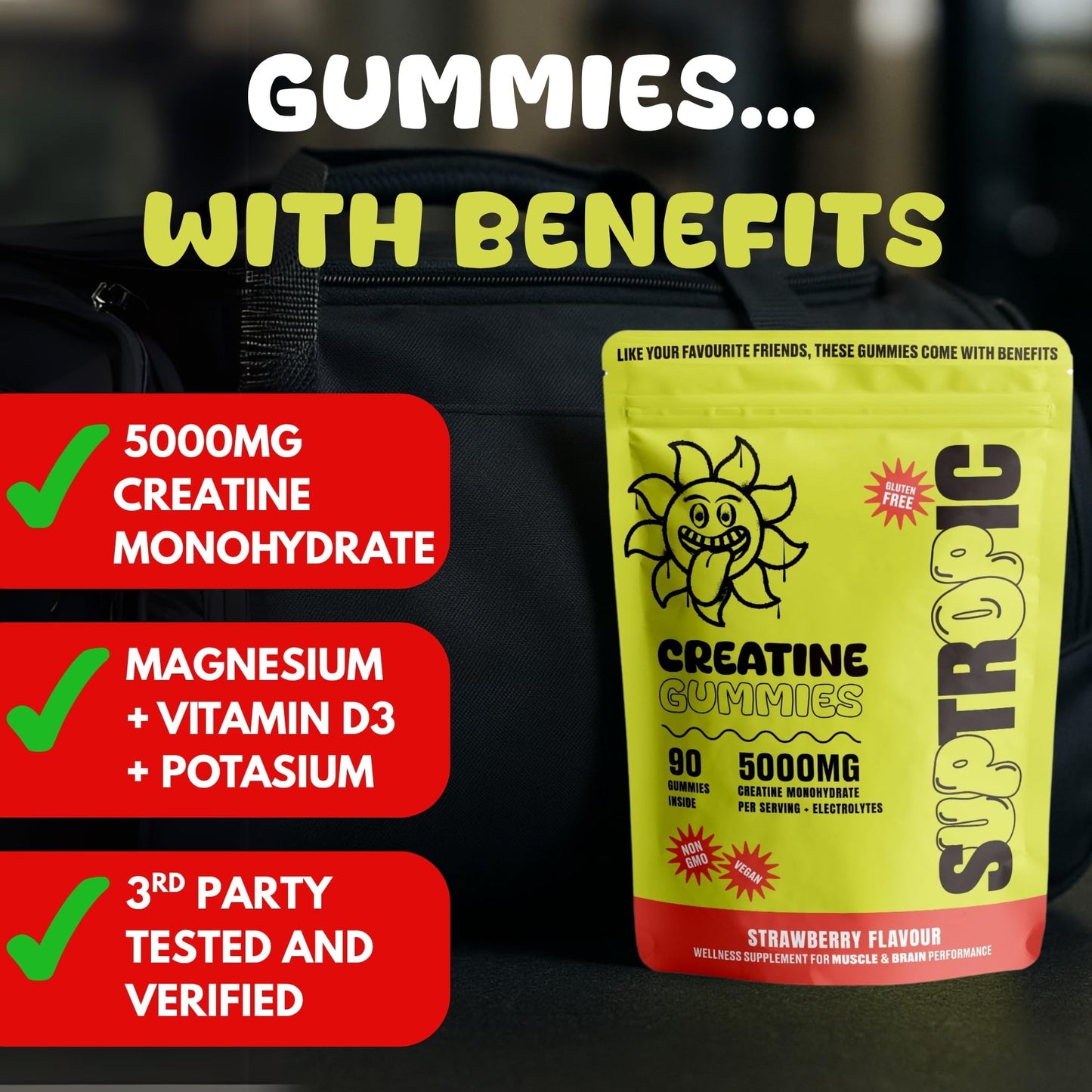 SUPTROPIC Creatine Gummies – 5g Monohydrate, Vegan, Sugar-Free, 30 Servings