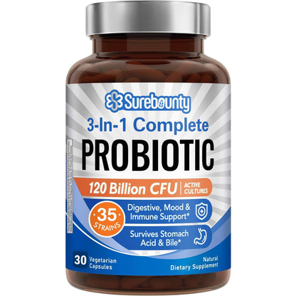 Surebounty Probiotics 120B CFU – 3-in-1 Digestive Support (30 Caps)