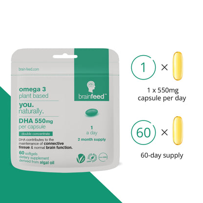 DHA Supplements (60) | Double Concentrate Omega 3 DHA 500mg PER Capsule - 1 a day | Brain & Eye Health Support | Vegan DHA - Omega 3 Algae Oil | DHA 1000mg x 2 Capsules | 2 Month Supply | Sustainable