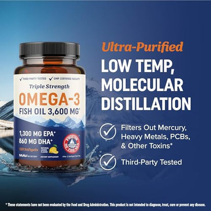 Triple Strength DHA Omega-3 3600mg | 120 Count | Wild-Caught Burpless