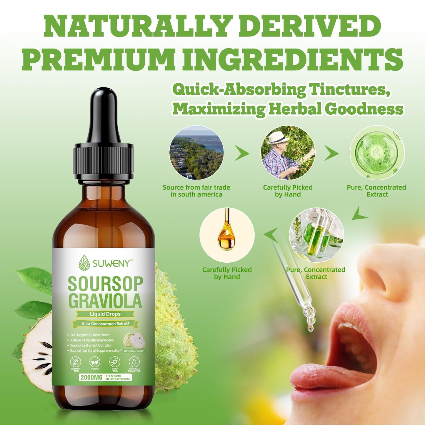 SUWENY Organic Soursop Graviola Drops 2000mg | Immune Support & Antioxidants
