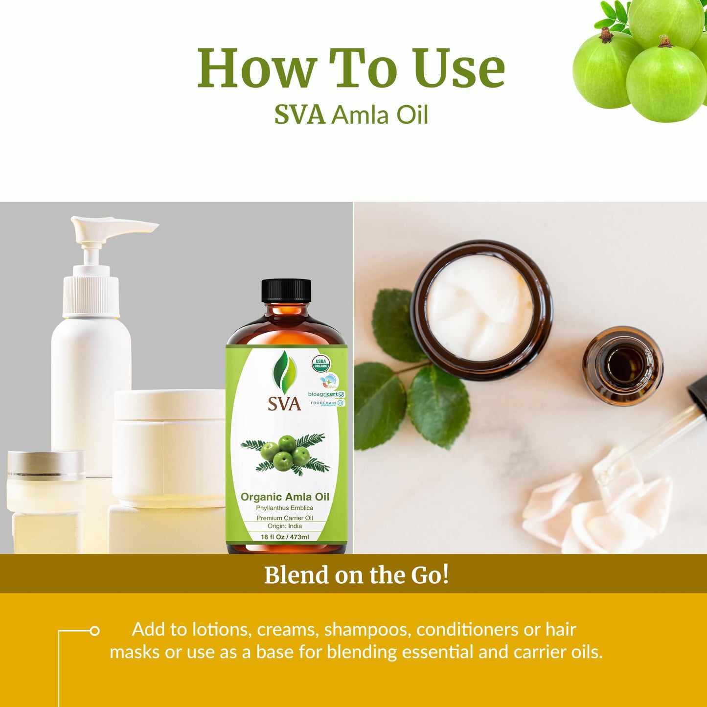 SVA Amla Oil Organic - 16 oz Cold-Pressed Amla Carrier Oil for Hair, Skin & Body