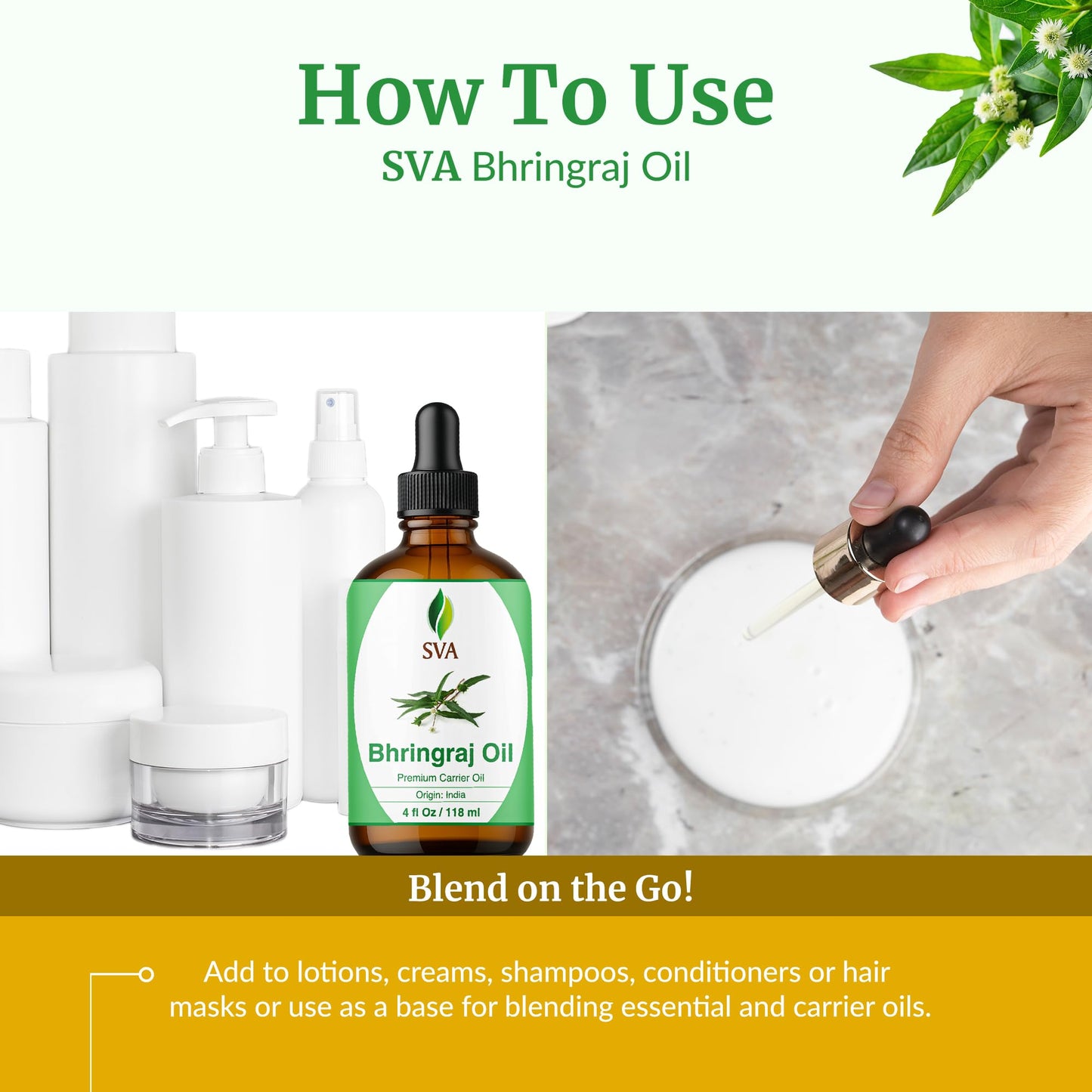SVA Bhringraj Premium Carrier Oil - 4oz (118ml) with Dropper | Hair Oiling, Scalp Massage & Skin Care