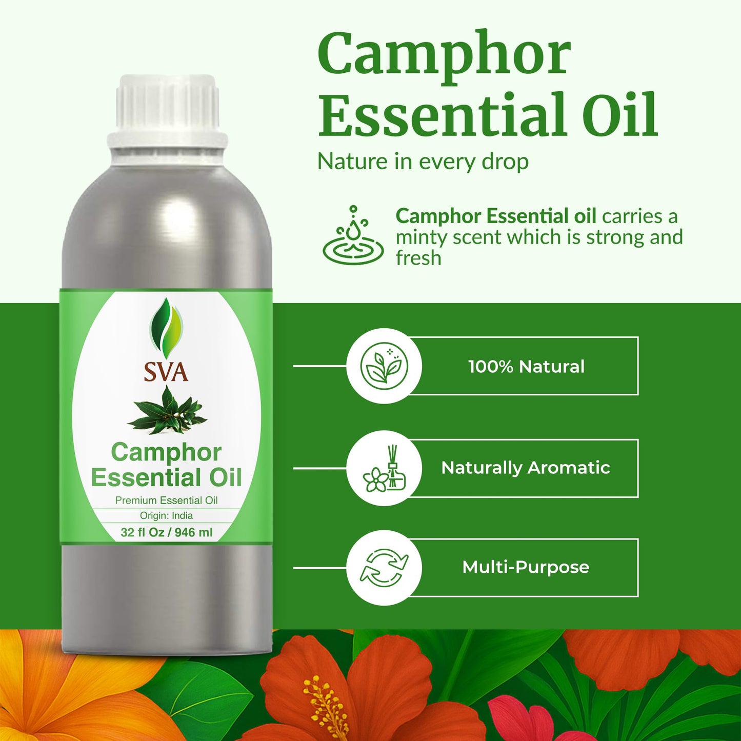 SVA Camphor Essential Oil 32oz – 100% Natural for Diffuser & Skin Care