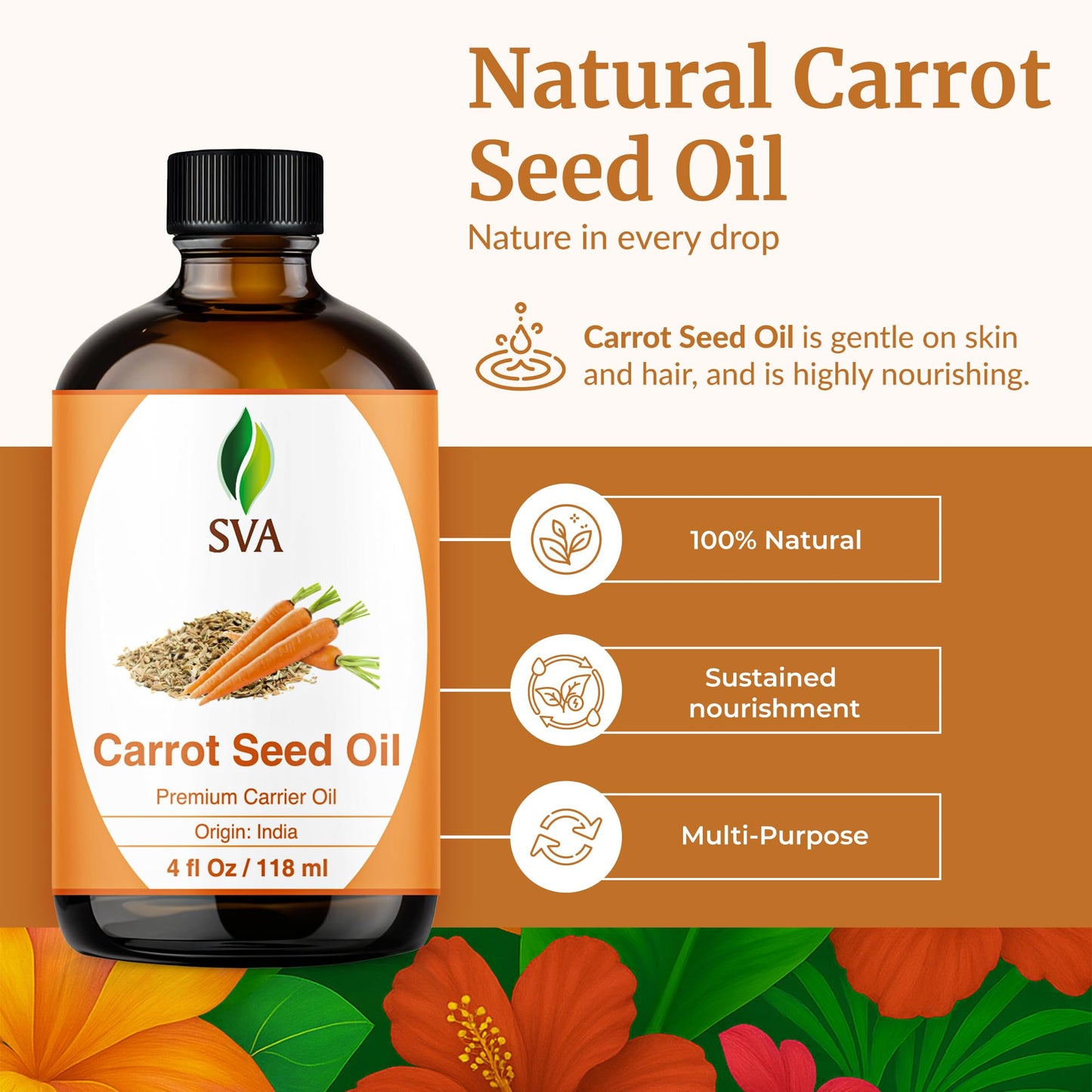 SVA Carrot Seed Oil - 4 Fl Oz – 100% Natural Cold Pressed Carrot Oil - for Face, Skin Care, Hair Care, Scalp Massage & Body Massage – Carrier Oil with Dropper