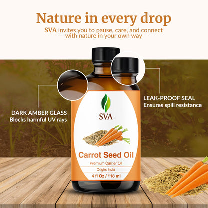 SVA Carrot Seed Oil - 4 Fl Oz – 100% Natural Cold Pressed Carrot Oil - for Face, Skin Care, Hair Care, Scalp Massage & Body Massage – Carrier Oil with Dropper