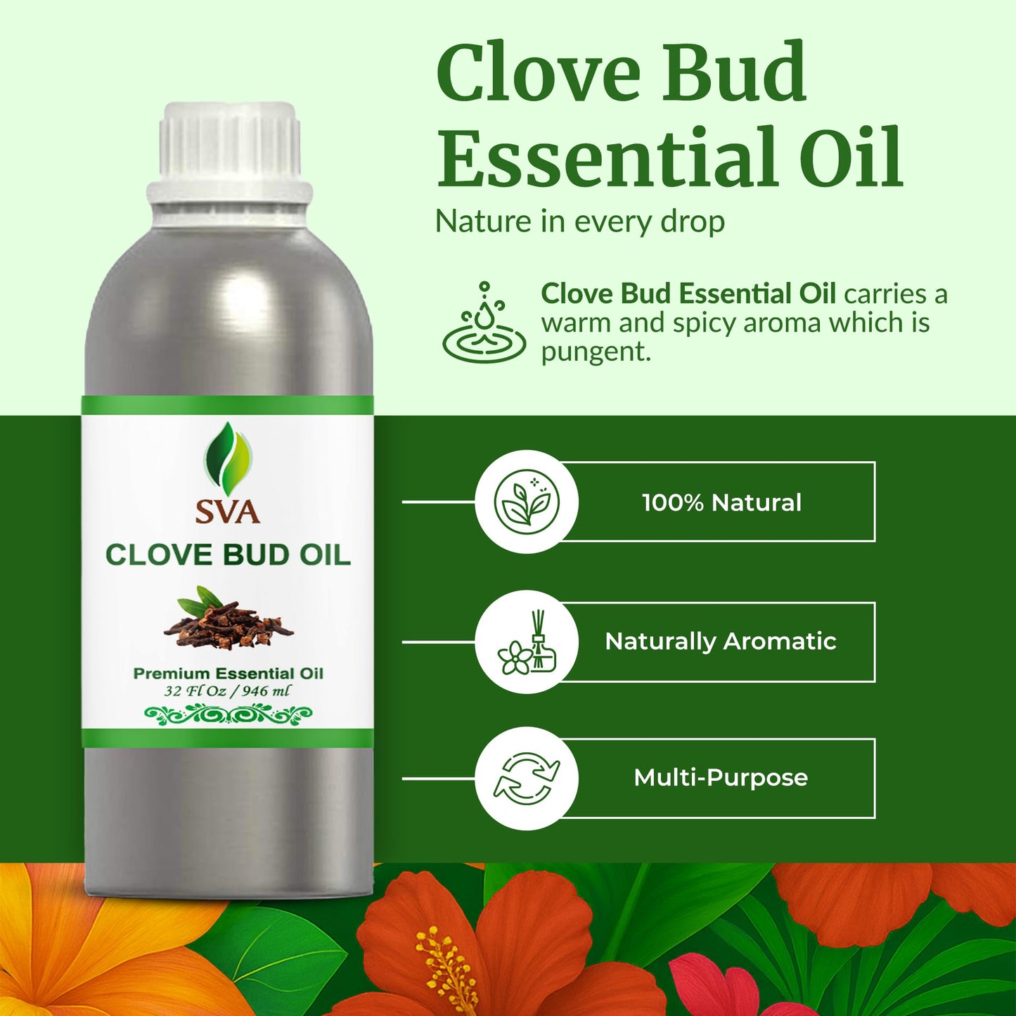 SVA Clove Bud Essential Oil - 32oz | 100% Natural Clove Bud Oil for Diffuser, Massage, Skin & DIY Soap/Candle