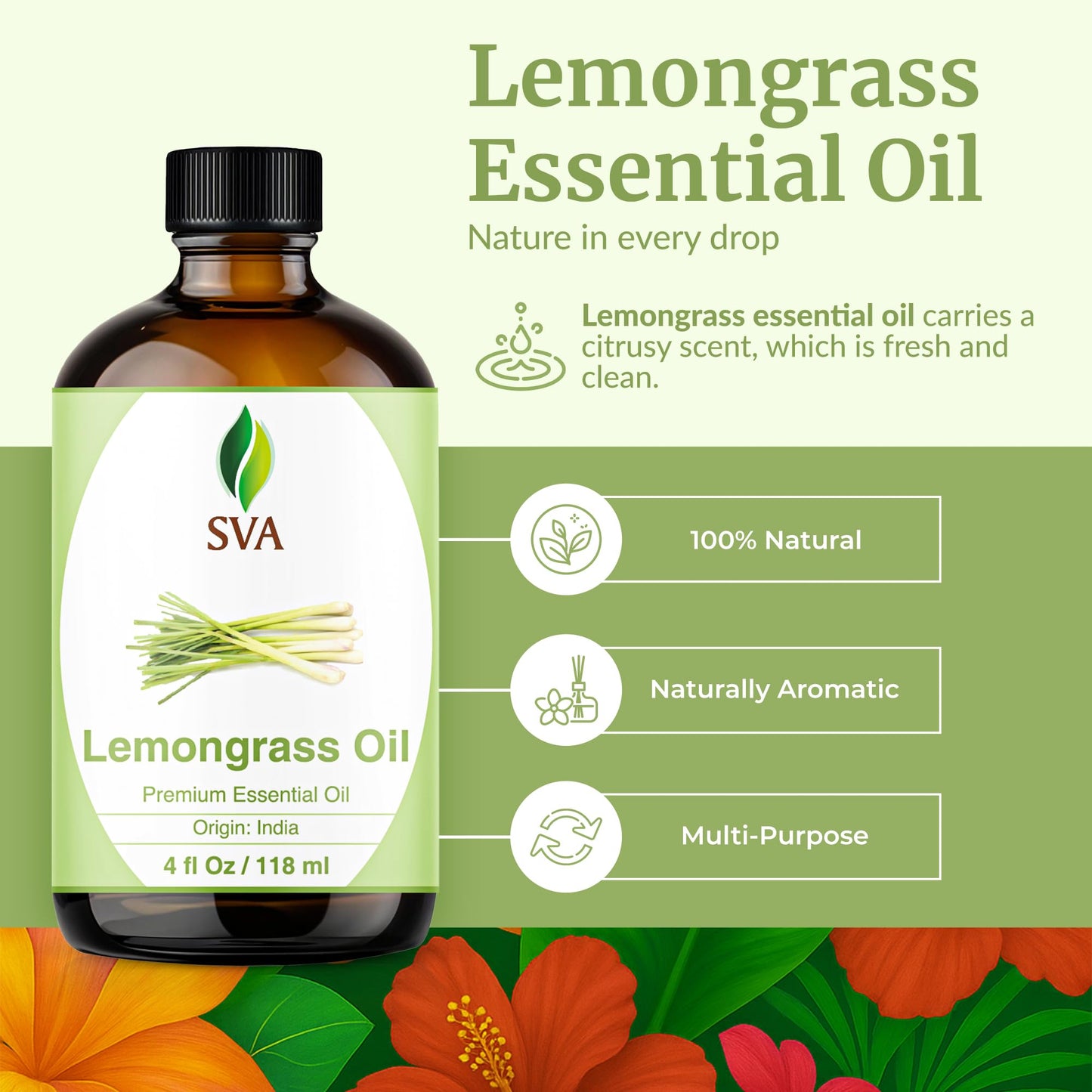 SVA Lemongrass Essential Oil 4 Oz – 100% Natural, Dropper
