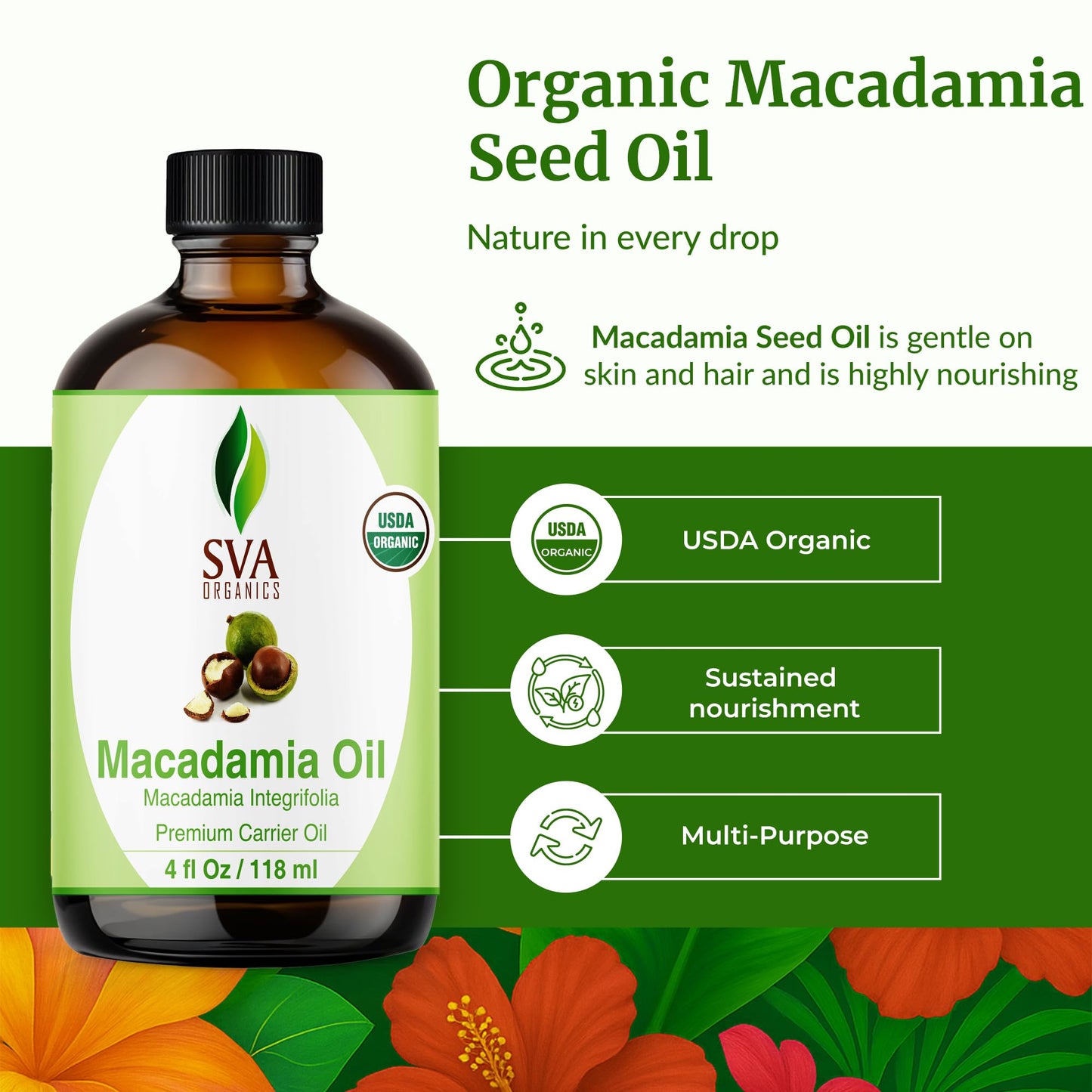 SVA Macadamia Seed Oil Organic - 4 Fl Oz Cold Pressed Carrier Oil