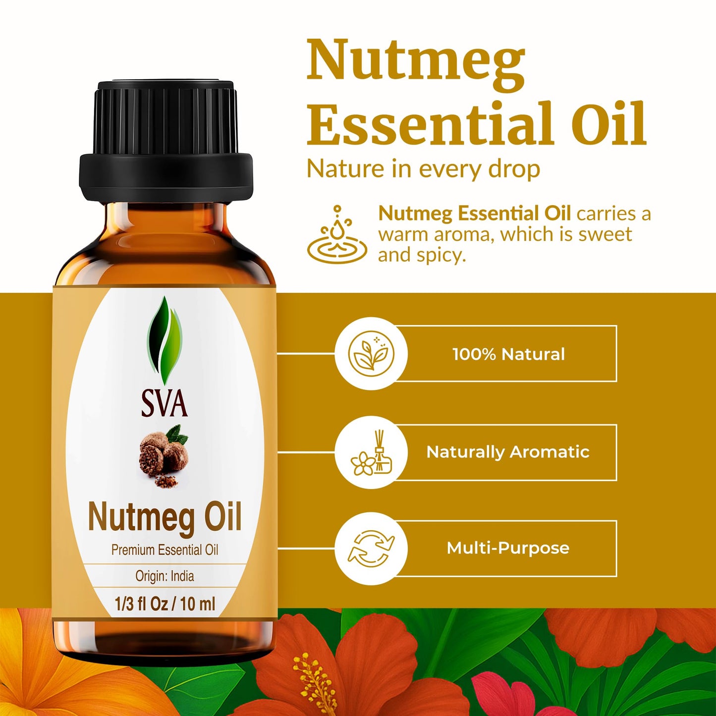 SVA Nutmeg Essential Oil 1/3 oz – 100% Natural | Diffuser, Skin & Hair Care