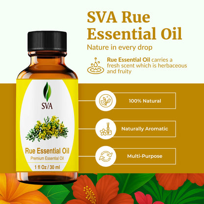 SVA Rue Essential Oil 1oz – 100% Natural Rue Oil for Diffuser, Face & Skin Care, Hair Care, Aromatherapy, Massage | Dropper
