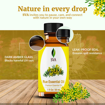 SVA Rue Essential Oil 1oz – 100% Natural Rue Oil for Diffuser, Face & Skin Care, Hair Care, Aromatherapy, Massage | Dropper