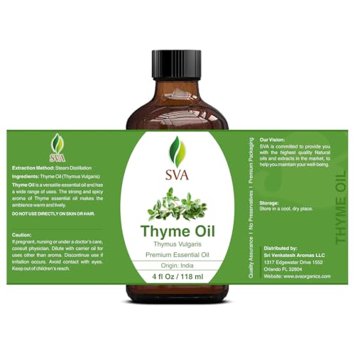 SVA Thyme Essential Oil – 4oz | 100% Natural Thyme Oil with Dropper | Diffuser, Hair & Skin Care, Aromatherapy