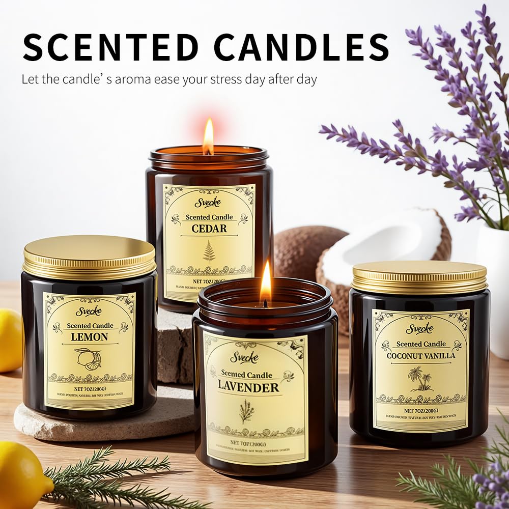 SVECKE 4-Pack 28oz Scented Soy Candles – Lemon, Lavender, Sage & Citrus, Fireside | Gift Set
