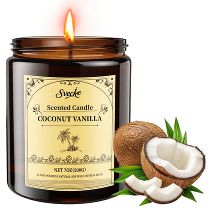 SVECKE Coconut Vanilla Scented Candles - 7oz Soy Wax Jar, Long-Lasting Aromatherapy