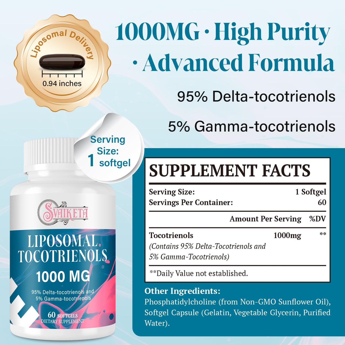 Sveikata Liposomal Tocotrienols 1000mg – High Absorption Vitamin E Tocotrienols (95% Delta-Tocotrienol, 5% Gamma-Tocotrienol) – 60 Softgels
