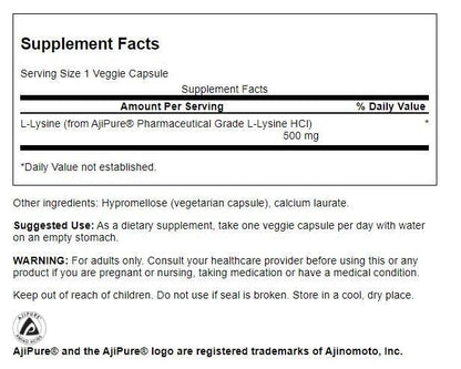 Swanson Ajipure L-Lysine 500mg – Pharmaceutical Grade, 90 Veg Capsules