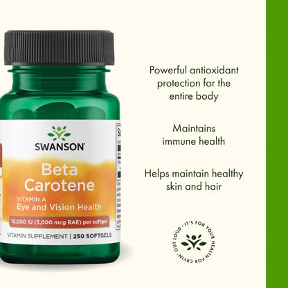 Swanson Beta-Carotene 250 Softgels - 3000mcg Vitamin A for Immune, Eye & Skin Health - 2 Pack