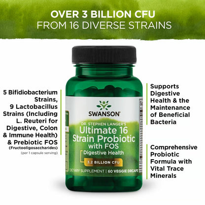 Swanson Dr. Stephen Langer's Formula - 16-Strain Probiotic, 3.2B CFU, 60 Veggie Capsules (2 Pack)