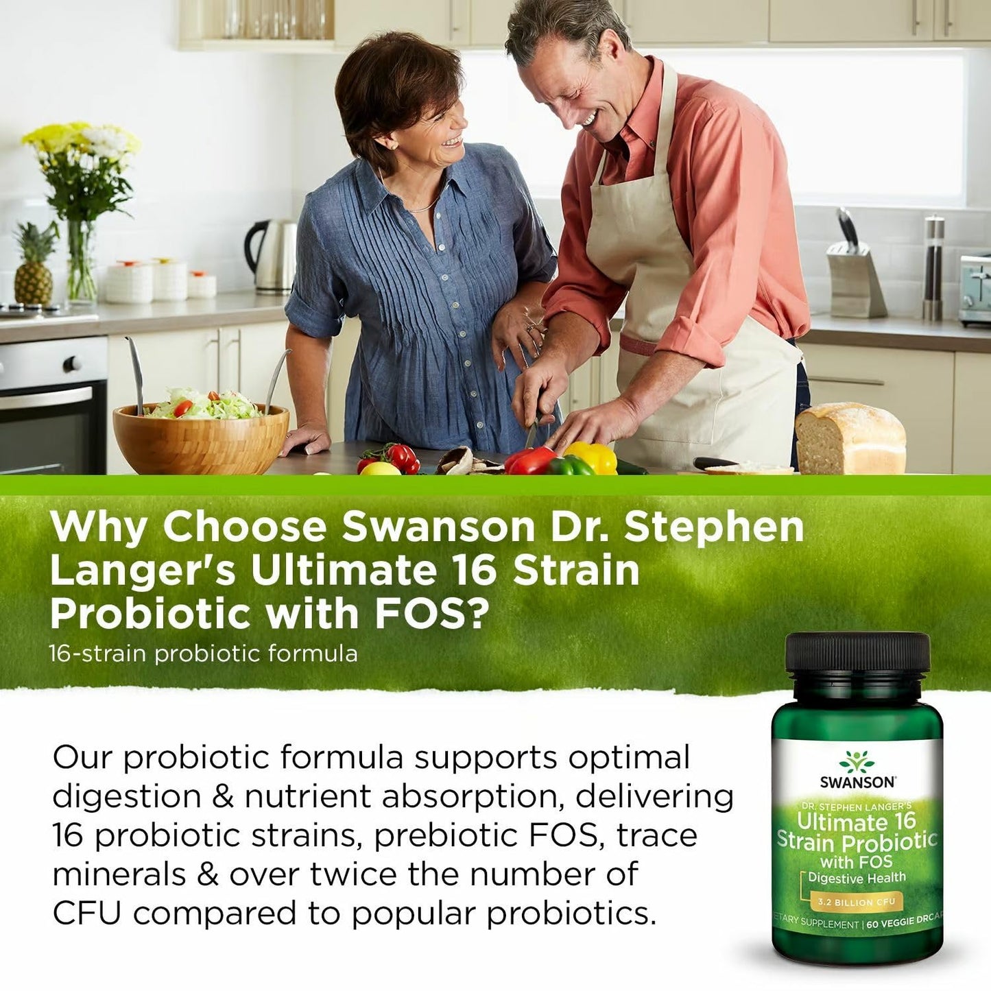 Swanson Dr. Stephen Langer's Formula — 16-Strain Probiotic with Prebiotic FOS, 3.2B CFU per Capsule (60 Veggie Caps) • 4 Pack