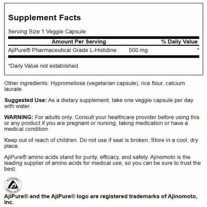 Swanson L-Histidine with Ajipure 500 mg - 60 Veg Caps (2 Pack)