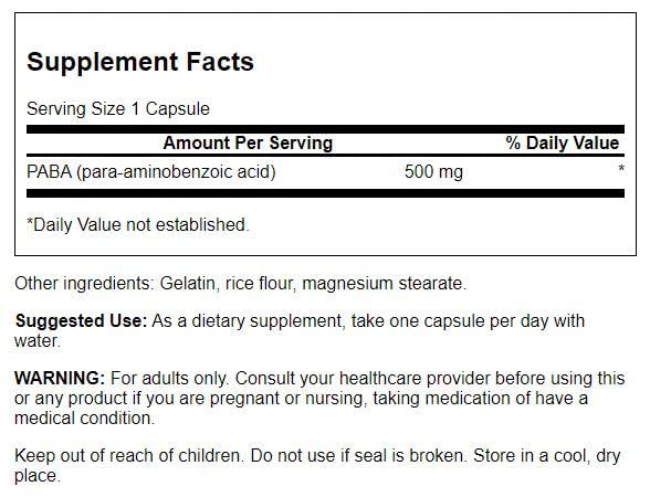 Swanson PABA - Powerful B Complex for Red Blood Cells & Skin Health (120 Capsules, 500mg)